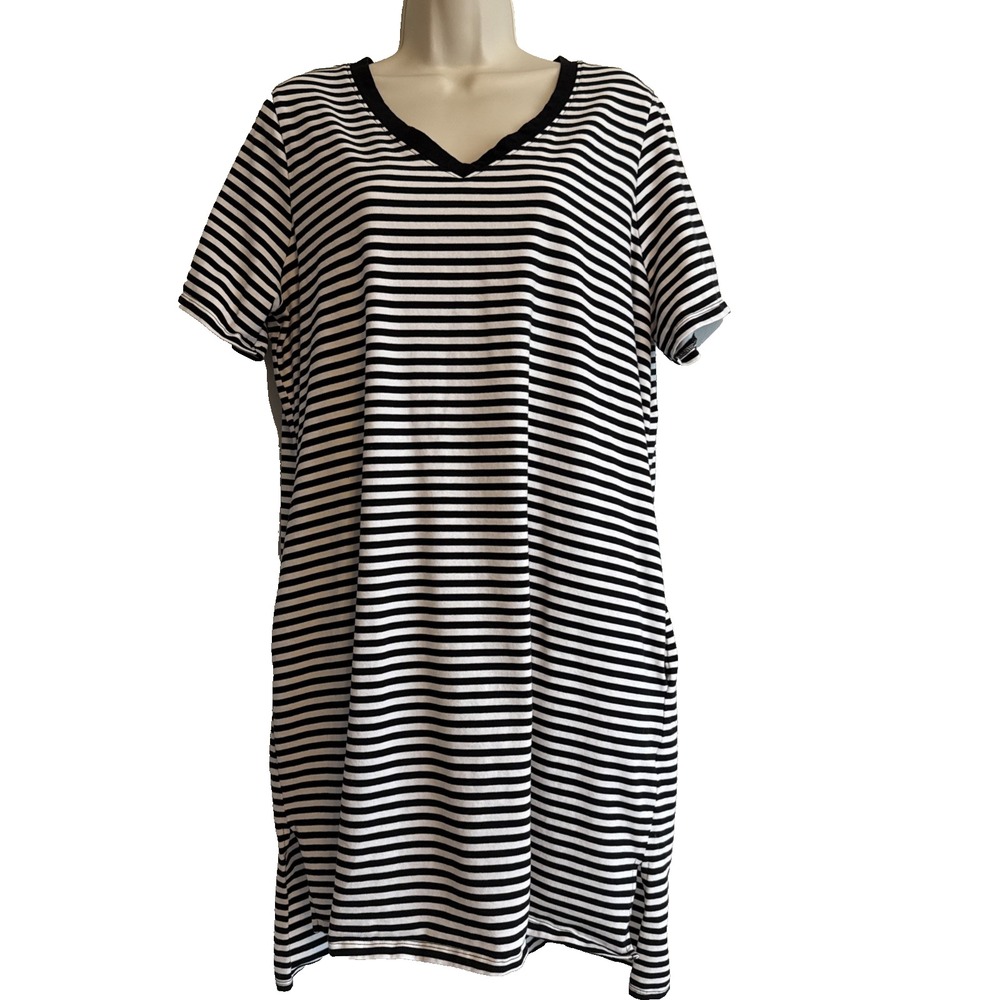 Terra & Sky Striped V-Neck T-Shirt Dress OX 14W Pockets Casual Relaxed Stretch